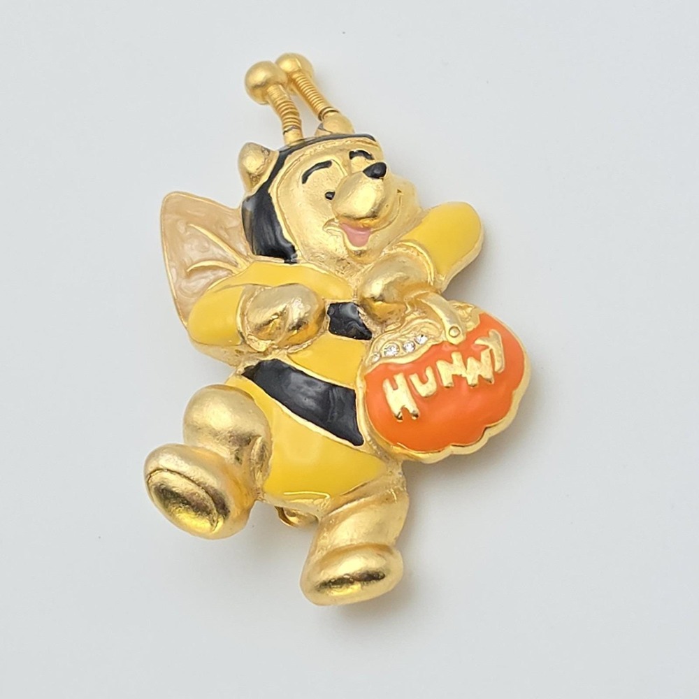 Vintage DISNEY Winnie The Pooh Brooch Pin Bee Costume Hunny Pot Enamel Gold Tone